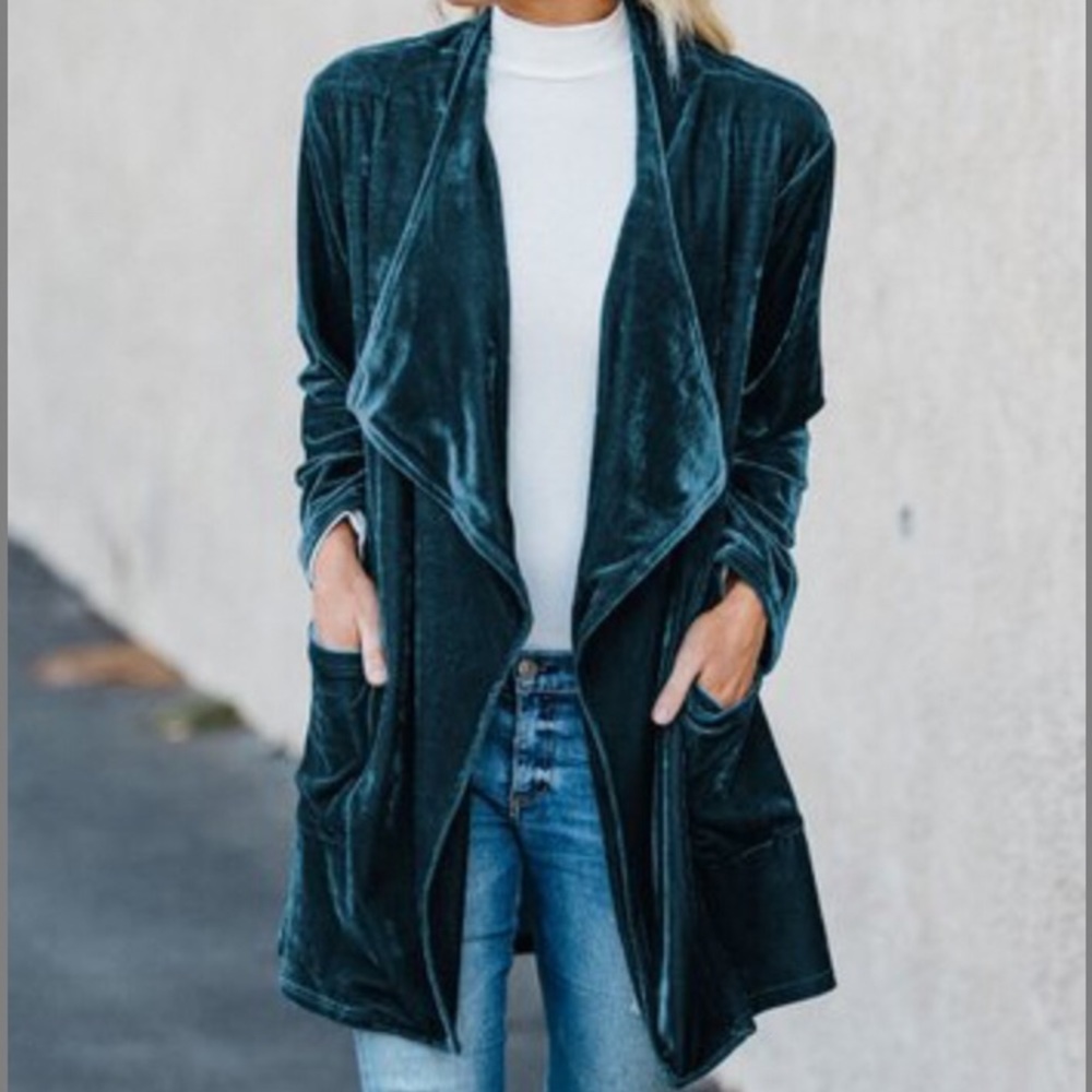 Amaryllis Dark Teal Velvet Oversize Drape Cardigan